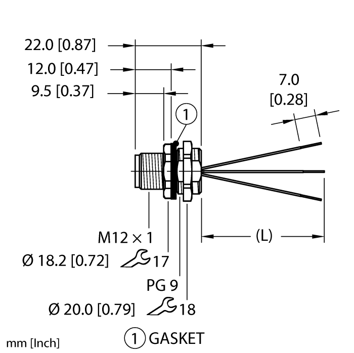 Turck M12 Receptacle; Male; 4-Pin, 3 x 22AWG; A - Standard Key; Front Mount; 0.5m Lead Wire