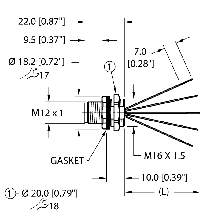 Turck M12 Receptacle; Male; 5-Pin, 5 x 22AWG; A - Standard Key; Front Mount; 0.2m Lead Wire