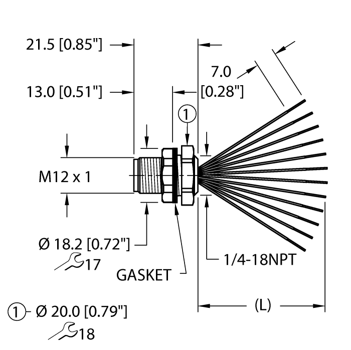 Turck M12 Receptacle; Male; 12-Pin, 12 x 24AWG; A - Standard Key; Front Mount; 2m Lead Wire