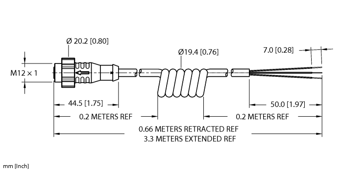 Turck M12 Cordset; Female Straight; 4-Pin, 3 x 22AWG; 3.3m TPU Cable