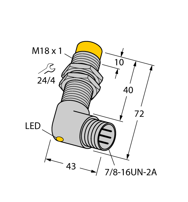 Turck Inductive Proximity Metal Barrel Sensor; 18mm; Non-Embeddable; 10-30VDC; NO; NPN; Connector - 7/8"-16UN (Metal)