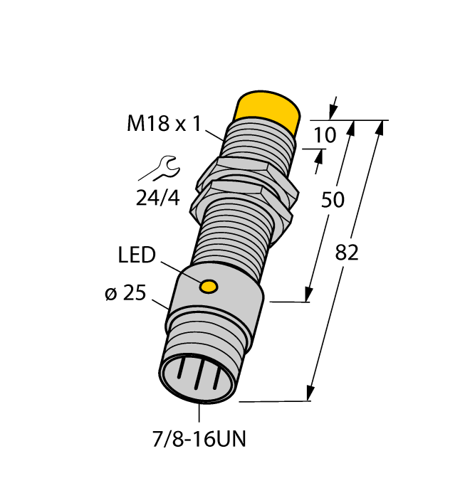Turck Inductive Proximity Metal Barrel Sensor; 18mm; Non-Embeddable; 20-250VAC / 10-300VDC; NC; 2-Wire; Connector - 7/8"-16UN (Metal)