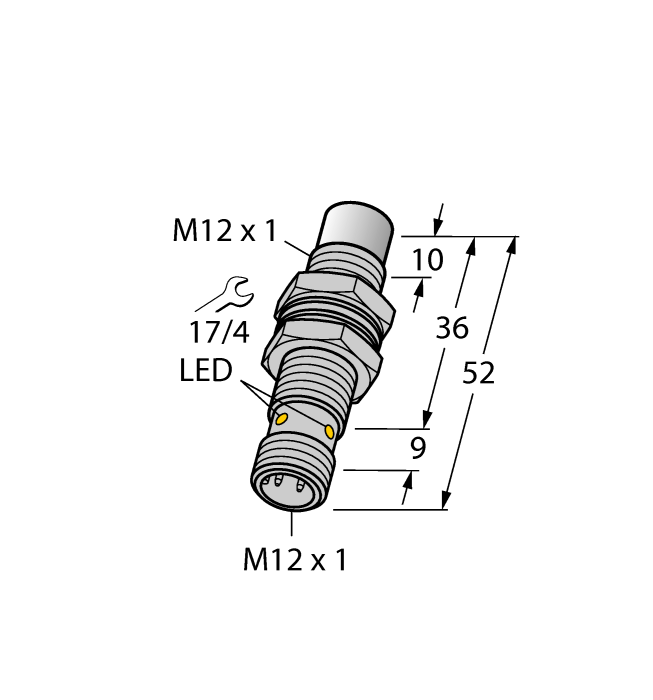 Turck Inductive Proximity Metal Barrel Sensor; All Metal Sensing; 12mm; Non-Embeddable; 10-30VDC; NO; NPN; Connector - M12