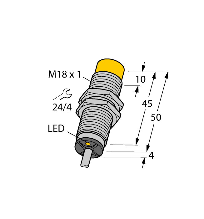 Turck Inductive Proximity Stainless Steel Barrel Sensor; All Metal Sensing; 18mm; Non-Embeddable; 10-30VDC; NO; PNP