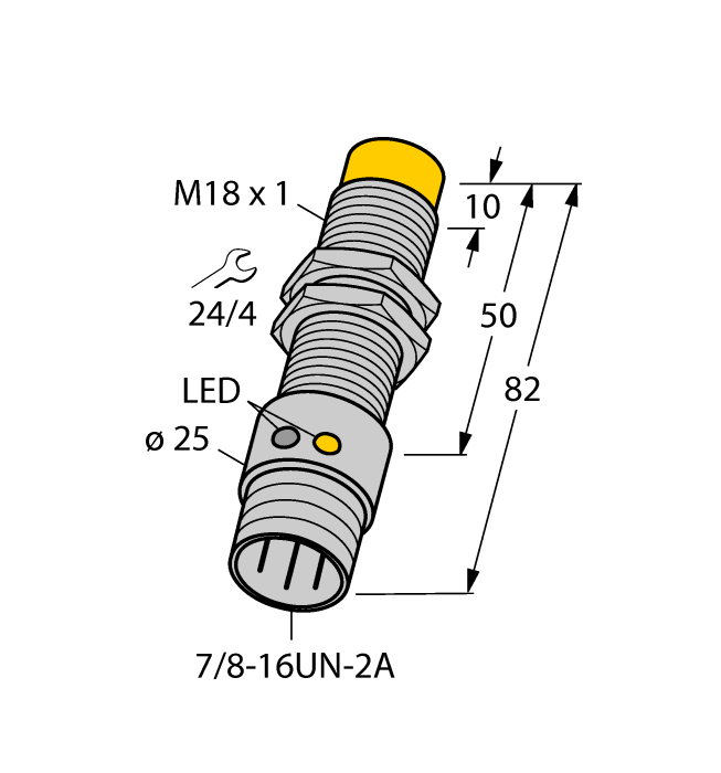 Turck Inductive Proximity Metal Barrel Sensor; All Metal Sensing; 18mm; Non-Embeddable; 20-250VAC / 10-300VDC; NO; 2-Wire; Connector - 7/8"-16UN (Metal)
