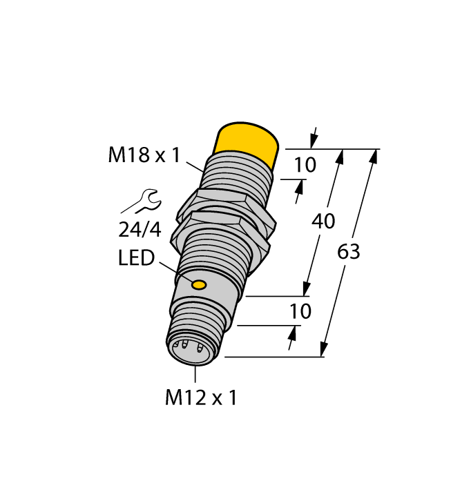 Turck Inductive Proximity Metal Barrel Sensor; All Metal Sensing; 18mm; Non-Embeddable; 10-30VDC; NO; PNP; Connector - M12