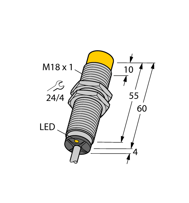 Turck Inductive Proximity Metal Barrel Sensor; All Metal Sensing; 18mm; Non-Embeddable; 10-30VDC; NO; PNP