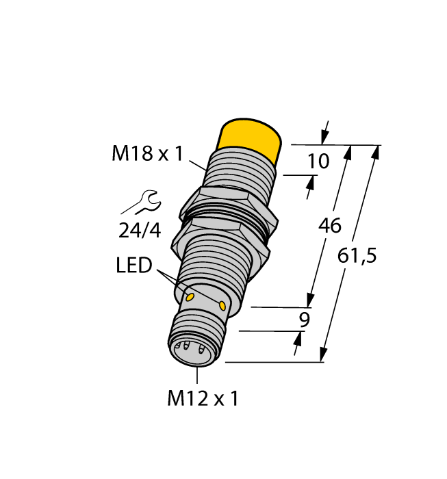 Turck Inductive Proximity Metal Barrel Sensor; All Metal Sensing; 18mm; Non-Embeddable; 10-65VDC; 1NO + 1NC; PNP; Connector - M12