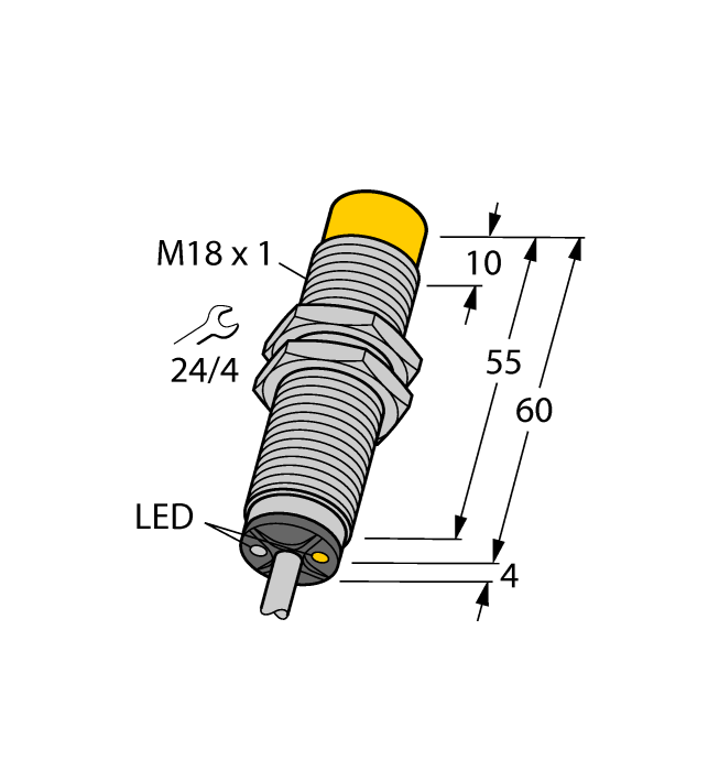 Turck Inductive Proximity Metal Barrel Sensor; All Metal Sensing; 18mm; Non-Embeddable; 20-250VAC / 10-300VDC; NO; 2-Wire