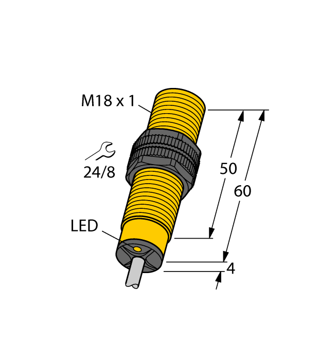 Turck Inductive Proximity Plastic Barrel Sensor; All Metal Sensing; 18mm; Non-Embeddable; 10-30VDC; NO; PNP