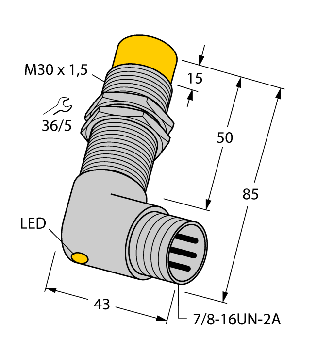 Turck Inductive Proximity Metal Barrel Sensor; 30mm; Non-Embeddable; 10-30VDC; NO; NPN; Connector - 7/8"-16UN (Metal)