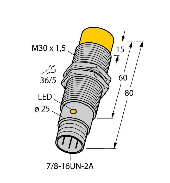 Turck Inductive Proximity Metal Barrel Sensor; 30mm; Non-Embeddable; 20-250VAC / 10-300VDC; NO; 2-Wire; Connector - 7/8"-16UN (Metal)