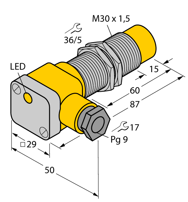 Turck Inductive Proximity Metal Barrel Sensor; 30mm; Non-Embeddable; 20-250VAC / 10-300VDC; NC; 2-Wire