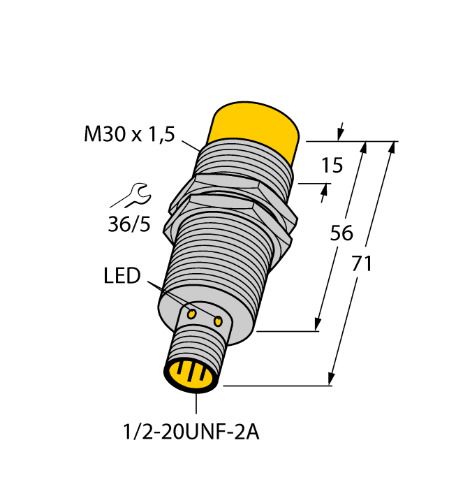 Turck Inductive Proximity Metal Barrel Sensor; All Metal Sensing; 30mm; Non-Embeddable; 20-250VAC / 10-300VDC; NC; 2-Wire; Connector - 1/2"-20UNF (Metal)