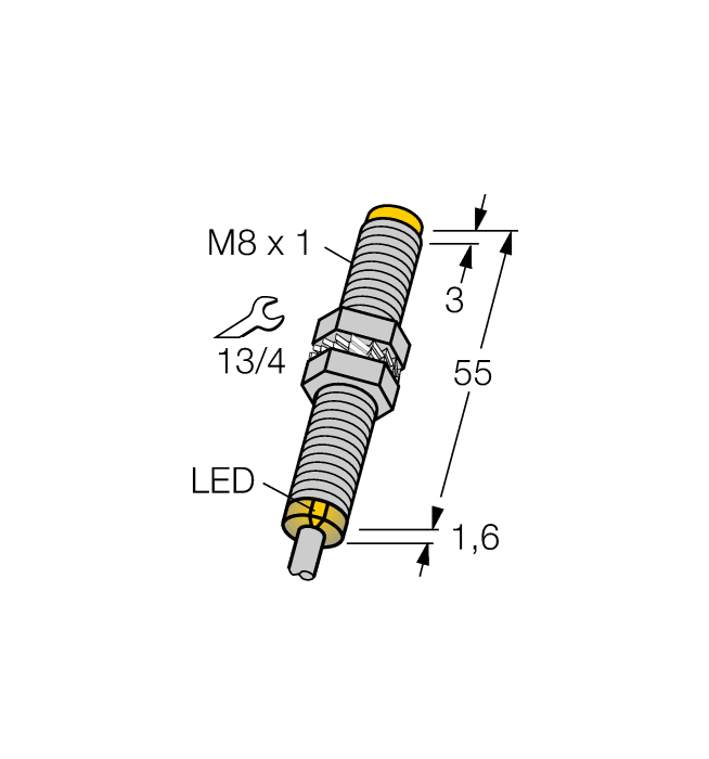 Turck Inductive Proximity Metal Barrel Sensor; 8mm; Non-Embeddable; 10-30VDC; NO; PNP