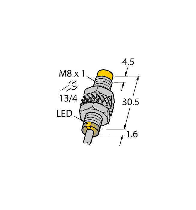 Turck Inductive Proximity Metal Barrel Sensor; 8mm; Non-Embeddable; 10-30VDC; NO; NPN