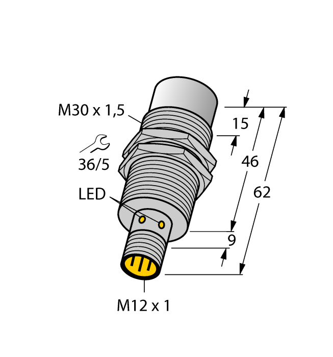 Turck Inductive Proximity Stainless Steel Barrel Sensor; All Metal Sensing; 30mm; Non-Embeddable; 10-30VDC; NO; NPN; Connector - M12