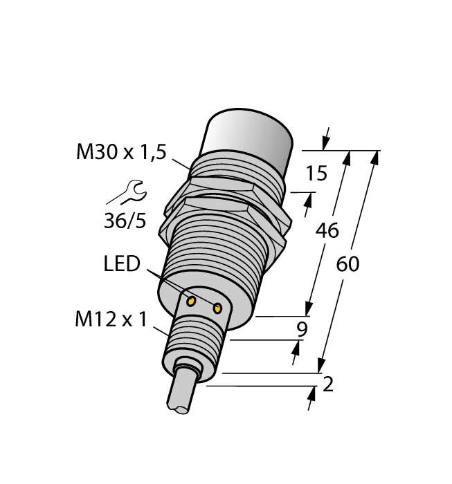 Turck Inductive Proximity Stainless Steel Barrel Sensor; All Metal Sensing; 30mm; Non-Embeddable; 10-30VDC; NO; PNP