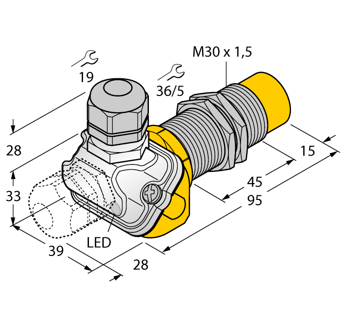 Turck Inductive Proximity Stainless Steel Barrel Sensor; All Metal Sensing; 30mm; Non-Embeddable; 10-30VDC; NO; PNP