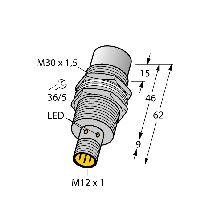 Turck Inductive Proximity Metal Barrel Sensor; All Metal Sensing; 30mm; Non-Embeddable; 10-30VDC; NO; NPN; Connector - M12