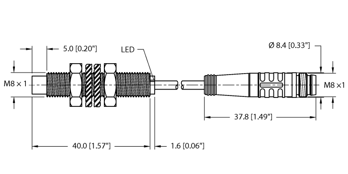 Turck Inductive Proximity Stainless Steel Barrel Sensor; All Metal Sensing; 8mm; Non-Embeddable; 10-30VDC; NO; PNP; Potted Cable w/ Snap Connector