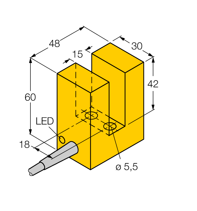 Turck Inductive Proximity Plastic Slot Sensor; 15mm Slot Width; Non-Embeddable; 10-30VDC; NO; NPN; Potted Cable