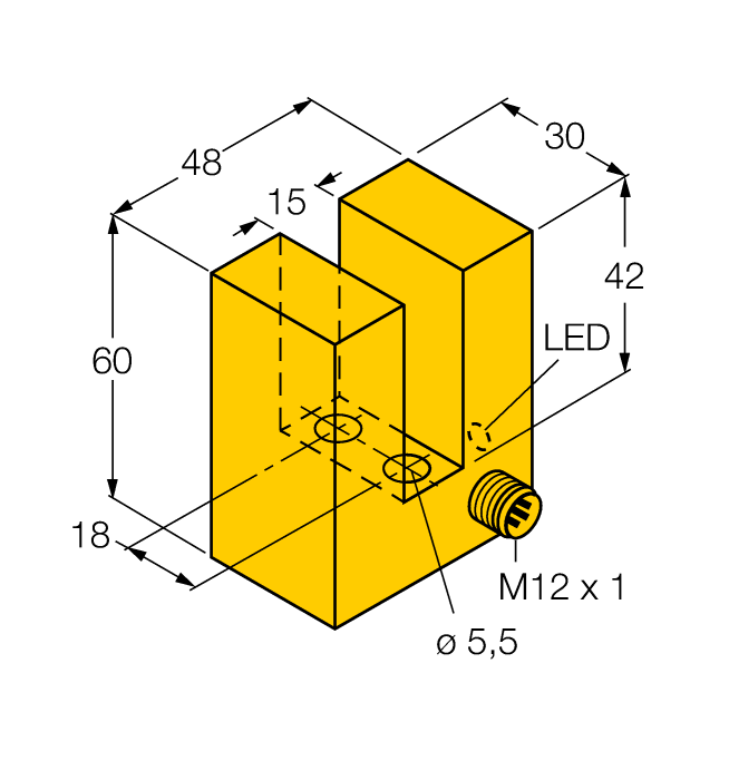 Turck Inductive Proximity Plastic Slot Sensor; 15mm Slot Width; Non-Embeddable; 10-30VDC; NO; PNP; Connector - M12