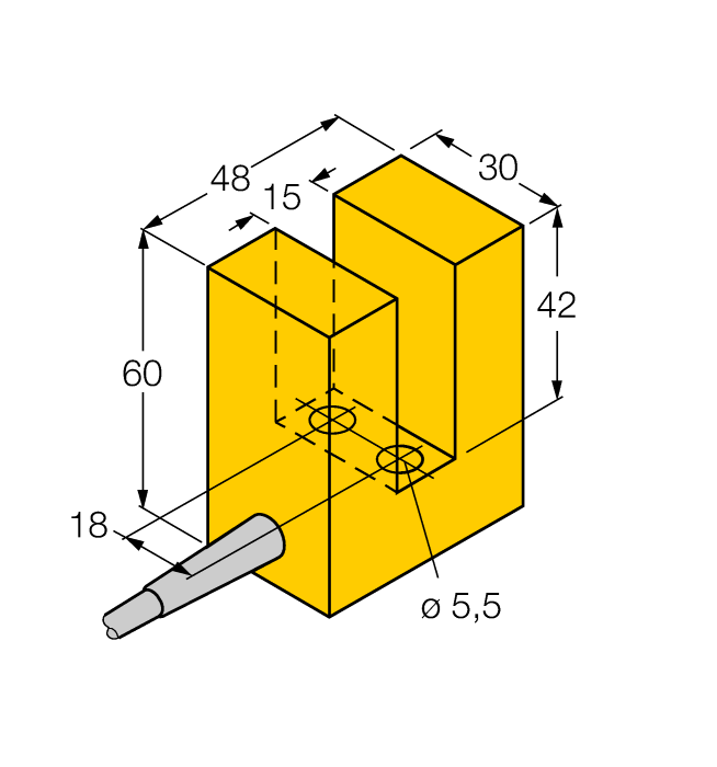 Turck Inductive Proximity Plastic Slot Sensor; 15mm Slot Width; Non-Embeddable; 20-250VAC / 10-300VDC; NC; 2-Wire; Potted Cable